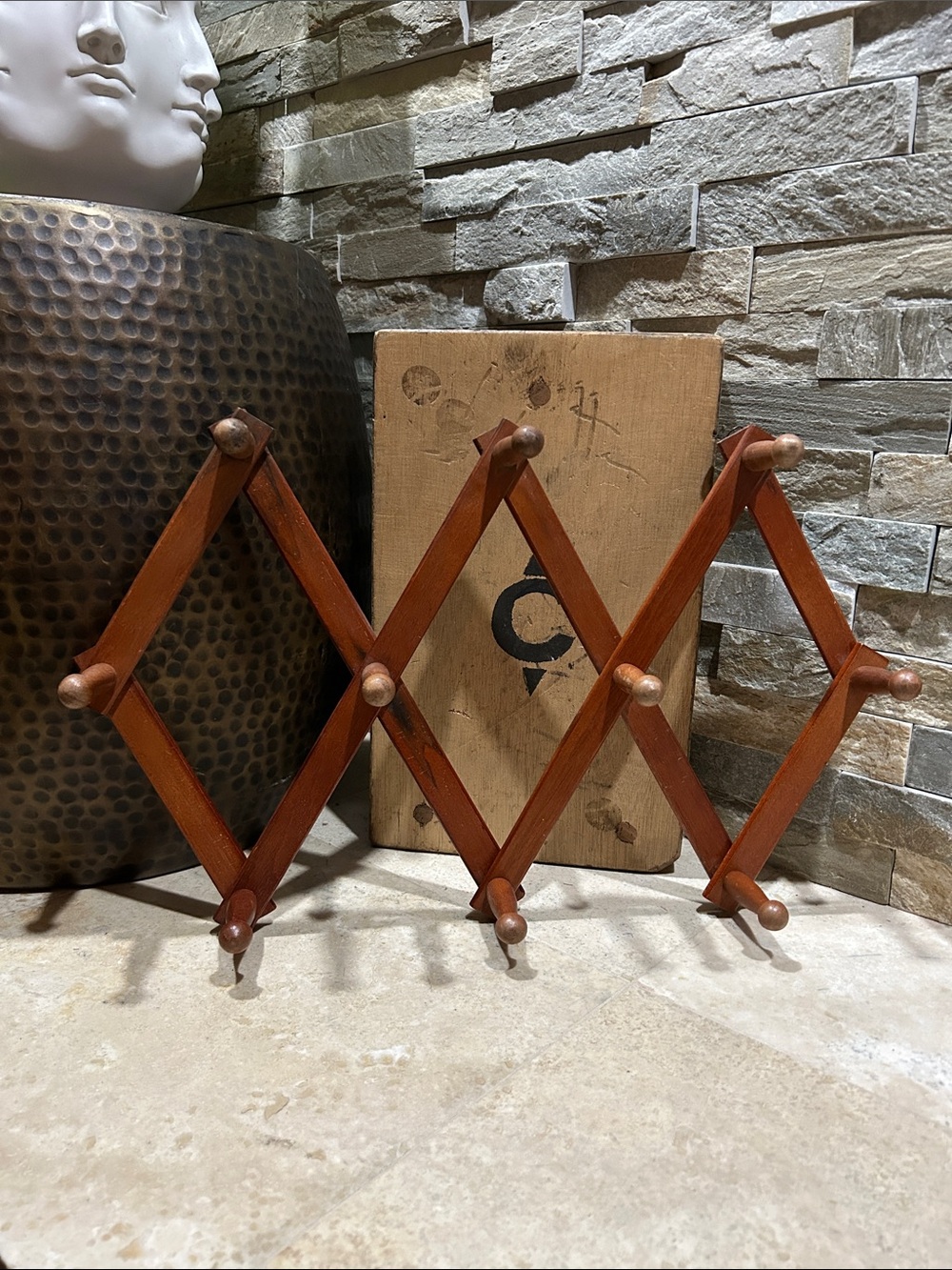 vintage mid-century wood accordion wall  peg rack